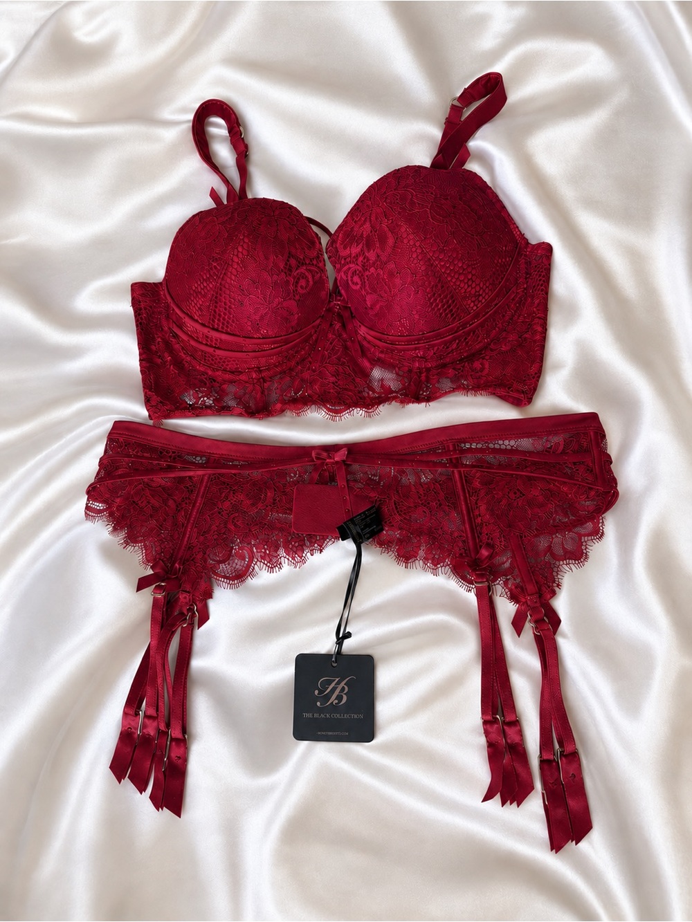 Honey Birdette Red Lace Longline Bra & Garter Set